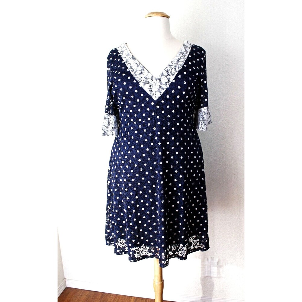 NWT SUZANNE BETRO Lace Dress Plus 2X Blue White Polka Dot Cottagecore Party #04